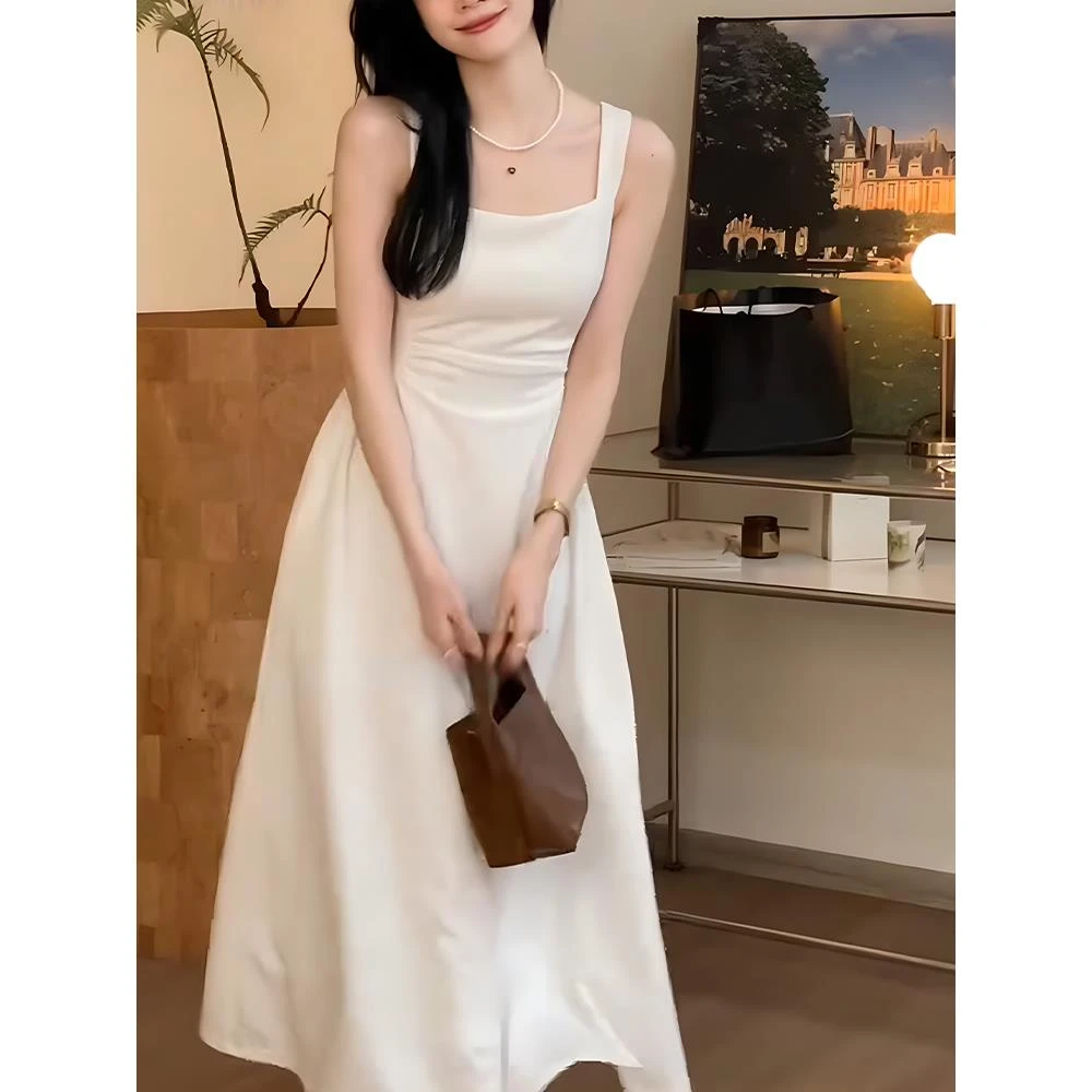 胖mm大码法式复古方领吊带连衣裙女夏季韩版气质轻熟风a字长裙子