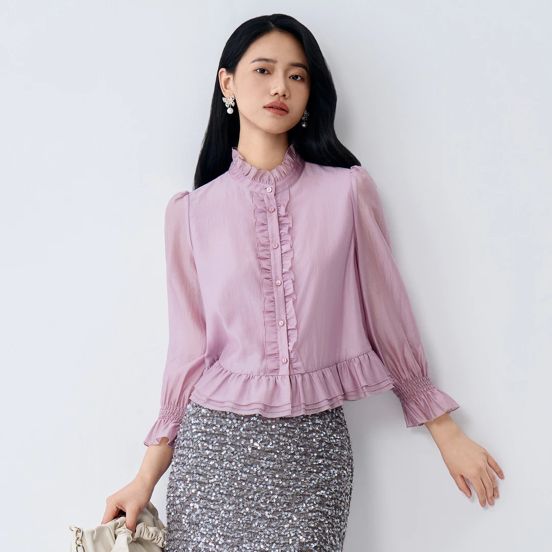 BuouBuou26春新淡紫色木耳边衬衫复古泡泡袖上衣精致优雅DMAA076