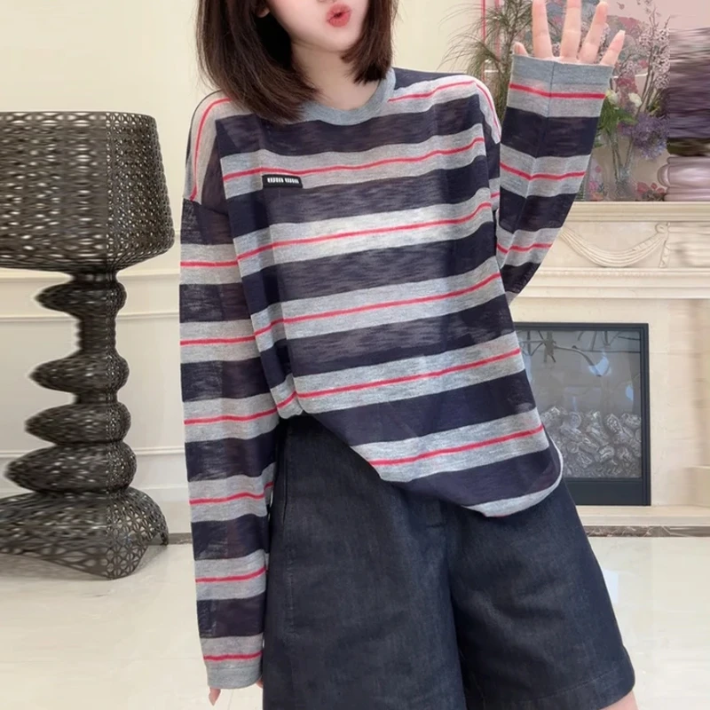 2025初秋款小众设计感休闲百搭圆领开衫条纹长袖T恤女装开衫上衣