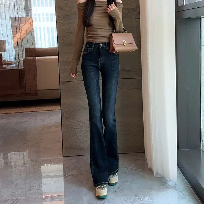深色弹力喇叭牛仔裤女2025年早春新款高腰小个子修身显瘦微喇长裤