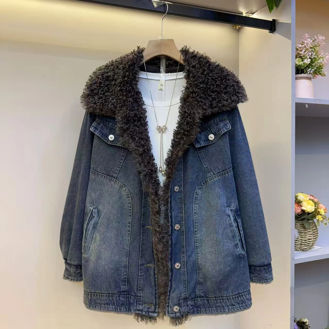 美式复古海军领牛仔冬季保暖厚款拼接设计女装外套
