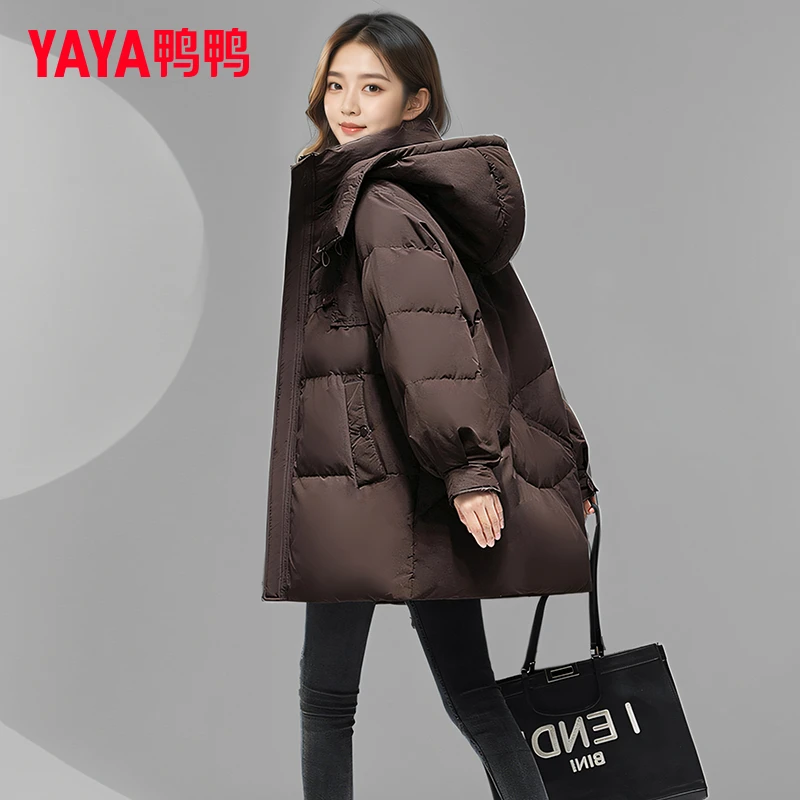 YAYA/鸭鸭品牌2025新品羽绒服女中长款连帽时尚百搭加厚保暖外套