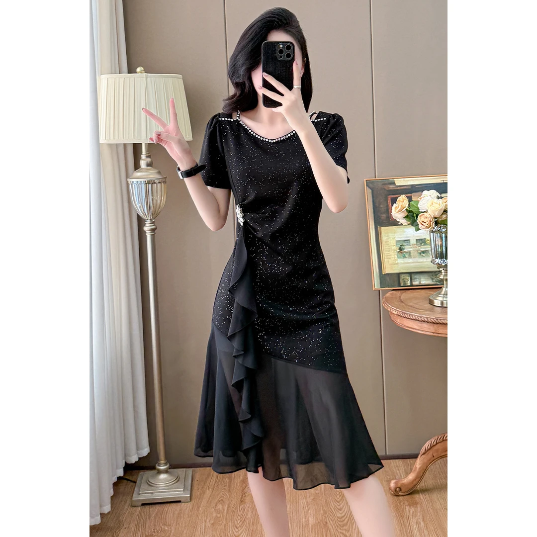 洋气轻奢雪纺拼接连衣裙2025夏季大码时尚收腰显瘦裙子