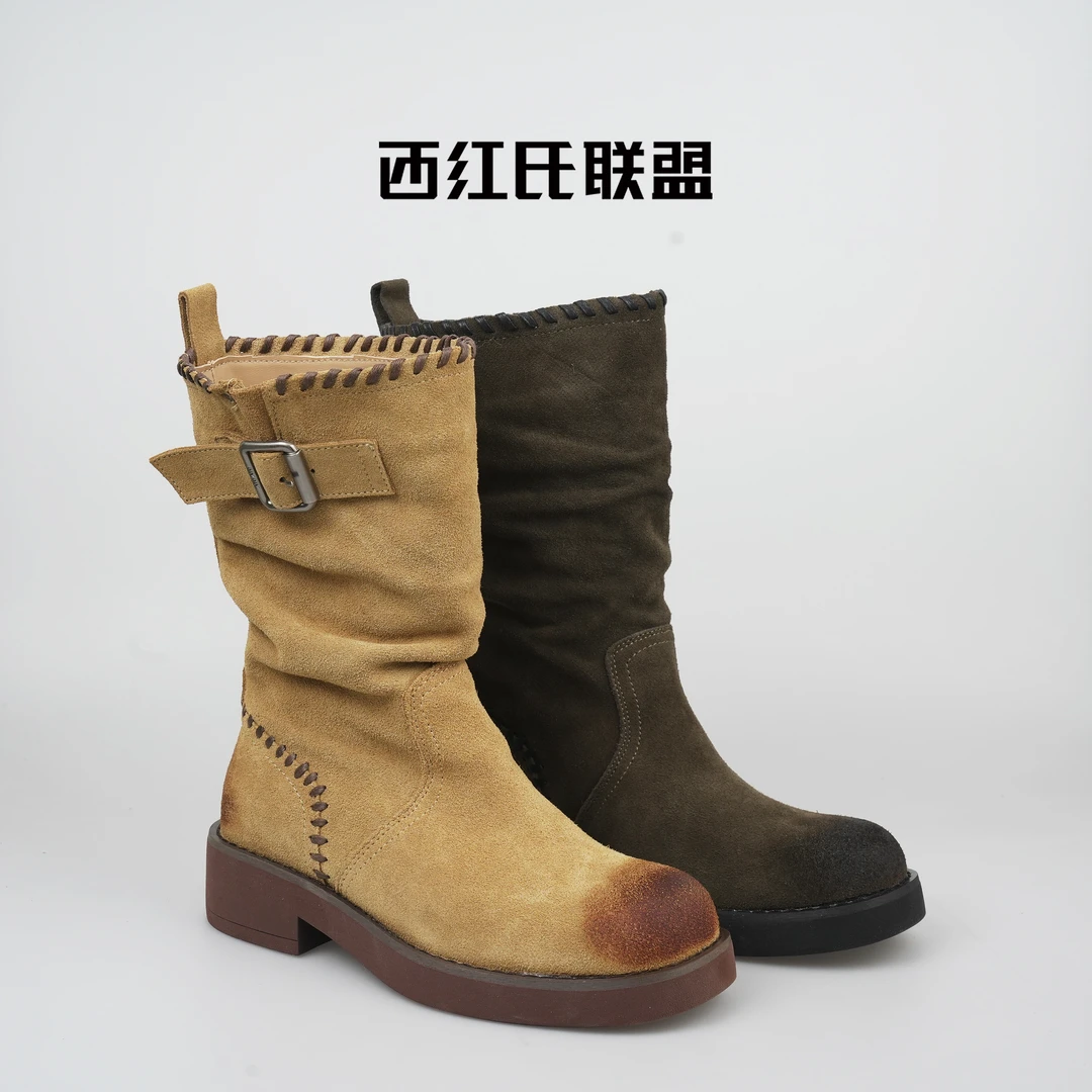 【西红氏联盟】复古港风中跟中筒圆头拼色时装靴S1063122-07跟高4cm