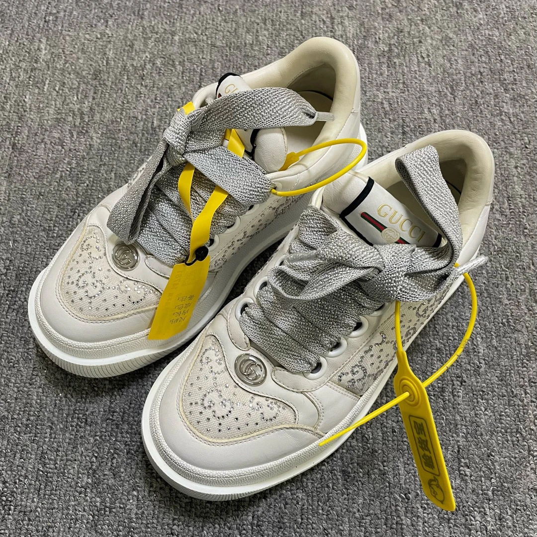 95新 GUCCI/古驰 Screener 胖丁圆头系带低帮板鞋 36码/14781