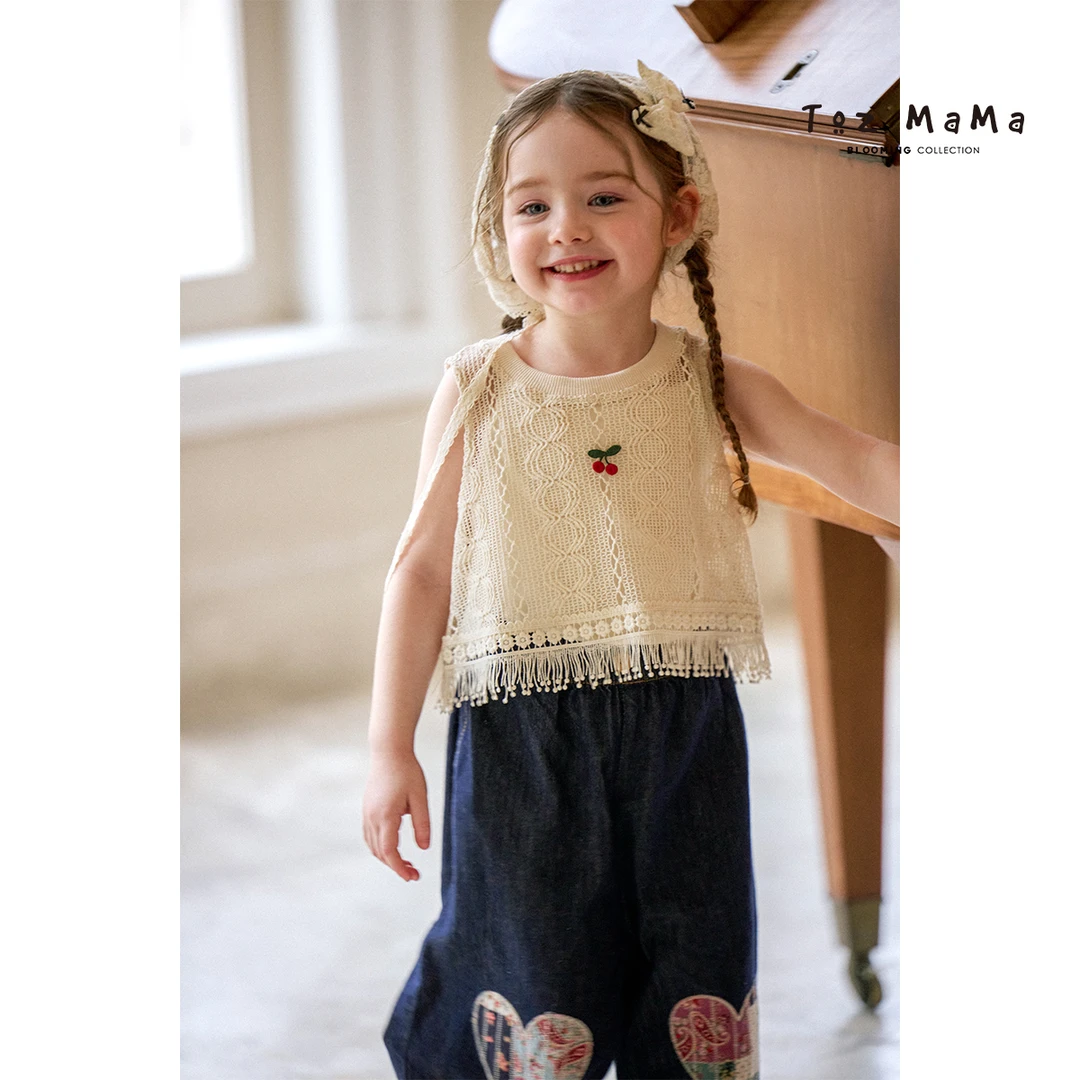 Toz Girls豆几妈5/6夏季小樱桃镂空无袖小衫女童直筒牛仔裤套装