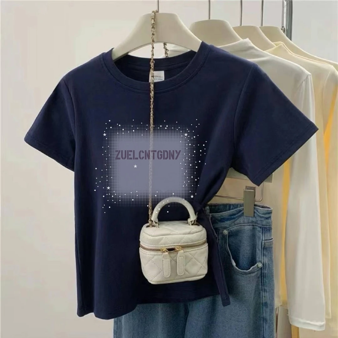 T03款号#落肩圆领短袖t恤女2025新款印花时尚内搭上衣打底衫