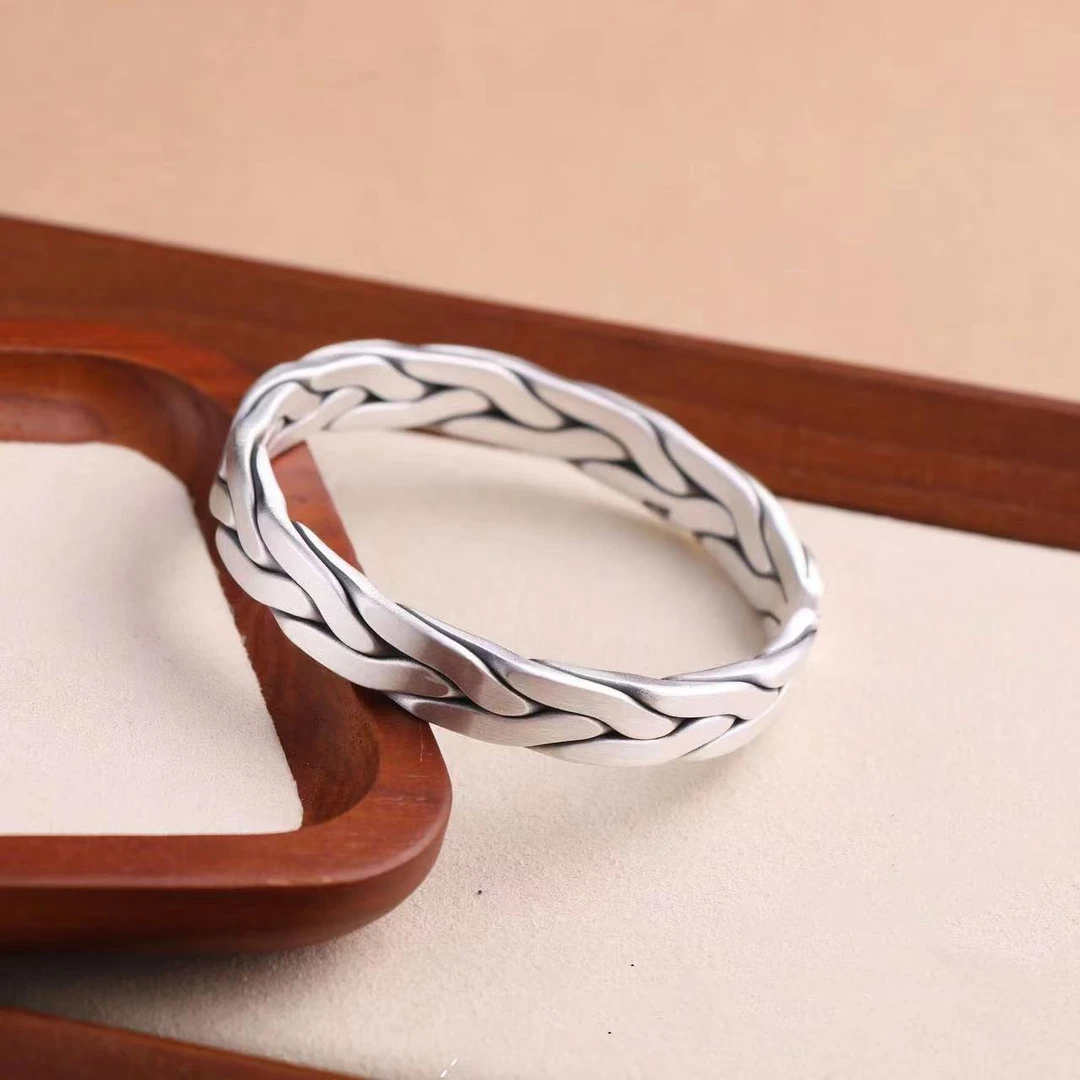 足银手镯 【艾比银】足银999编织手镯情侣手镯男士复古开口个性手镯