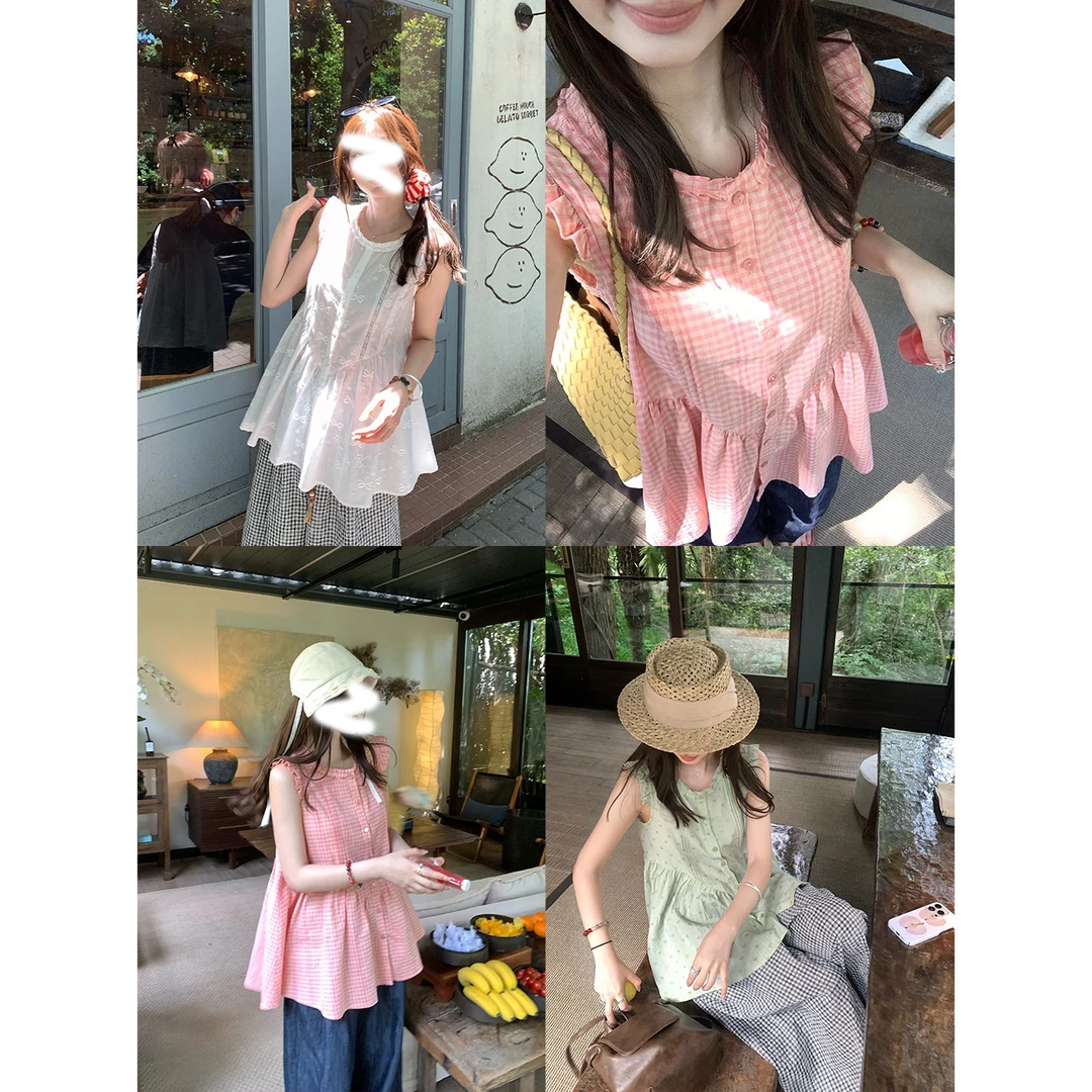 【百分甜茶】重工提花刺绣木耳边拼接小飞袖衬衫女夏设计感小众上衣