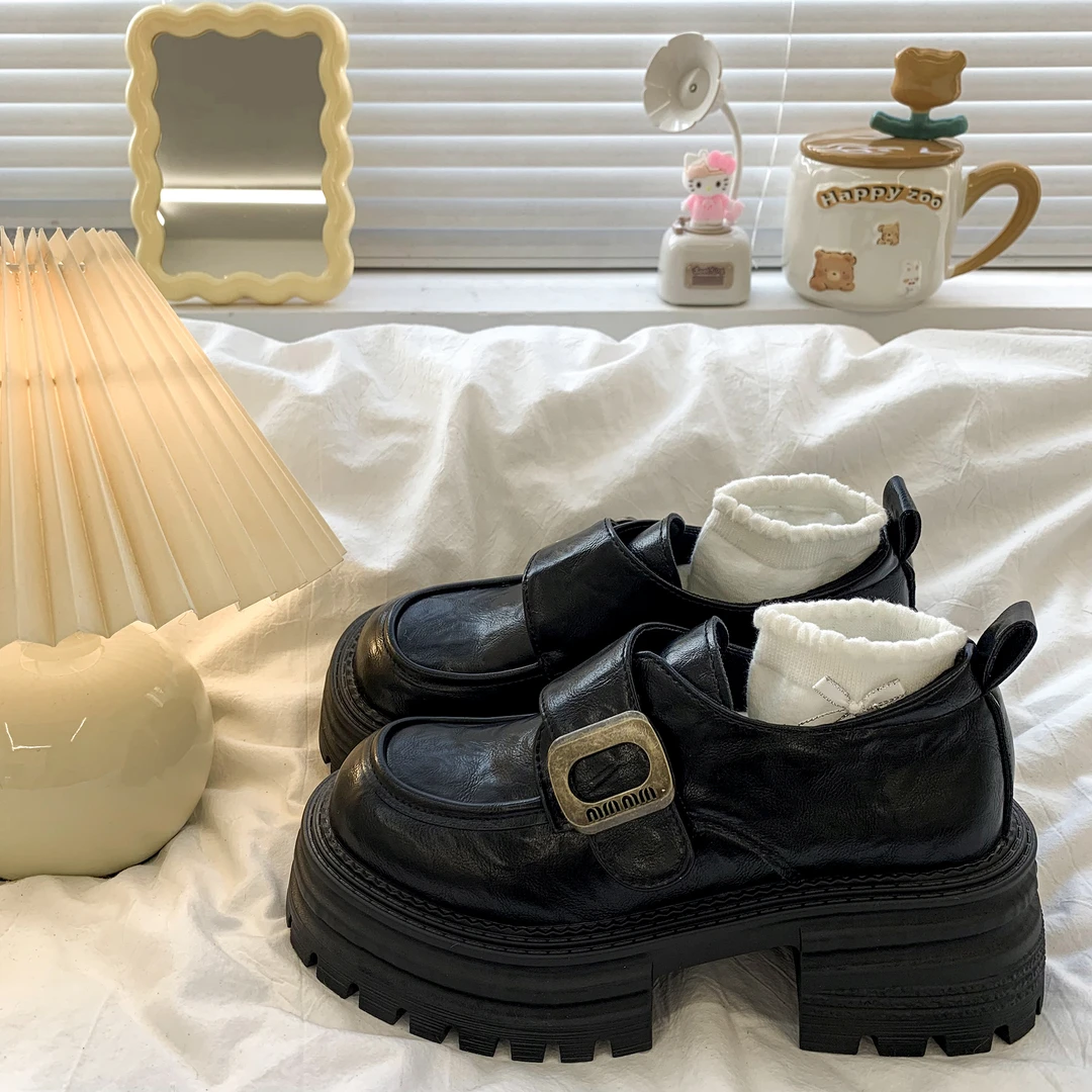厚底粗跟魔术贴小皮鞋女2025秋冬新款复古jk英伦风增高乐福单鞋