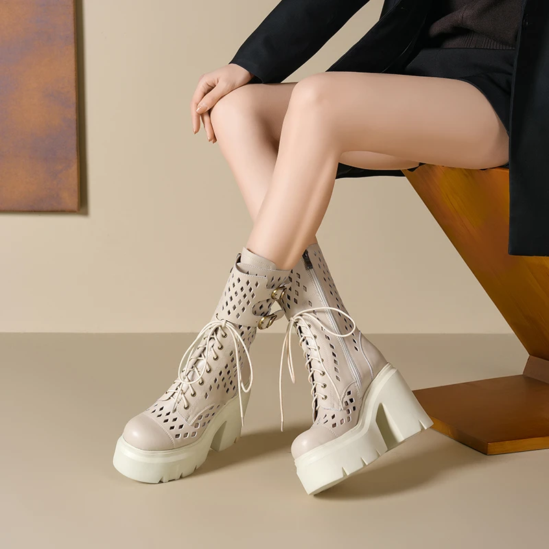 12cm镂空超高跟女英伦风小个子洞洞鞋时尚网靴百搭薄款厚底马丁靴