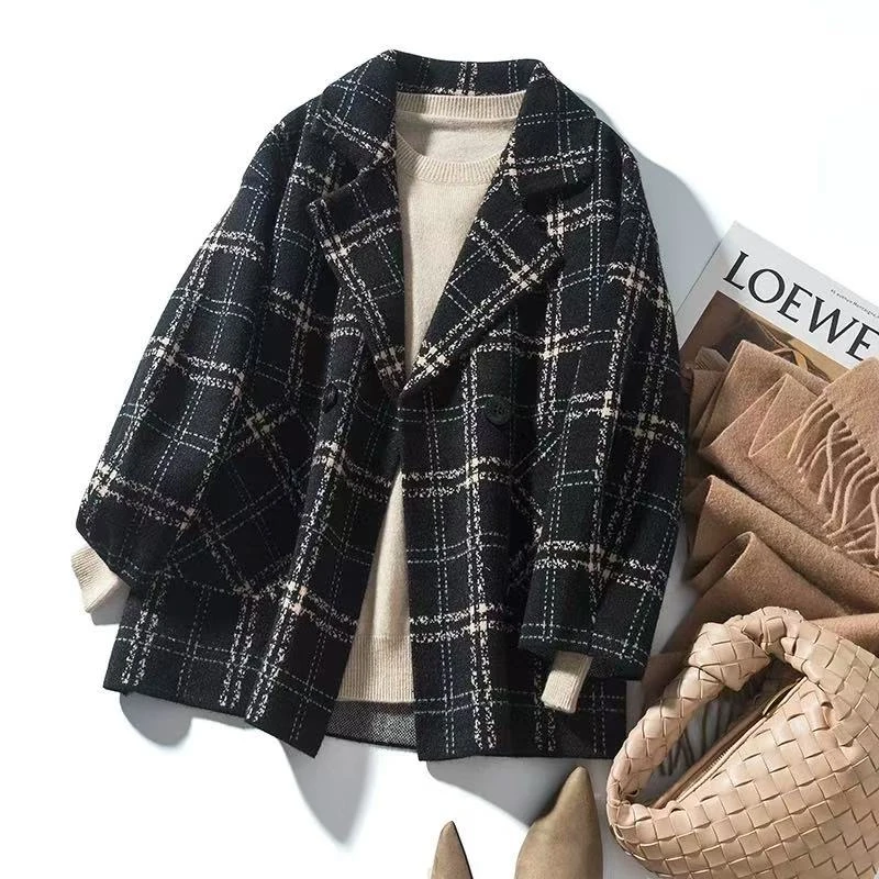 519气质秋冬减龄时尚复古撞色格纹宽松双面尼开衫外套女【长约73】