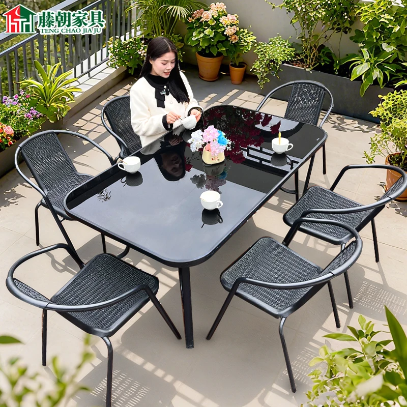 【藤朝品牌】阳台休闲茶桌玻璃方桌圆桌椅户外庭院桌椅阳台一桌四椅