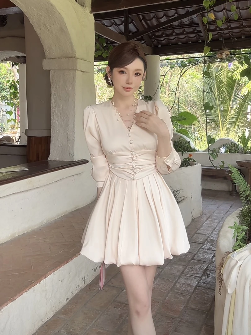 粉红Pink 【晚风与你】气质法式收腰连衣裙LWJ24A1Q197