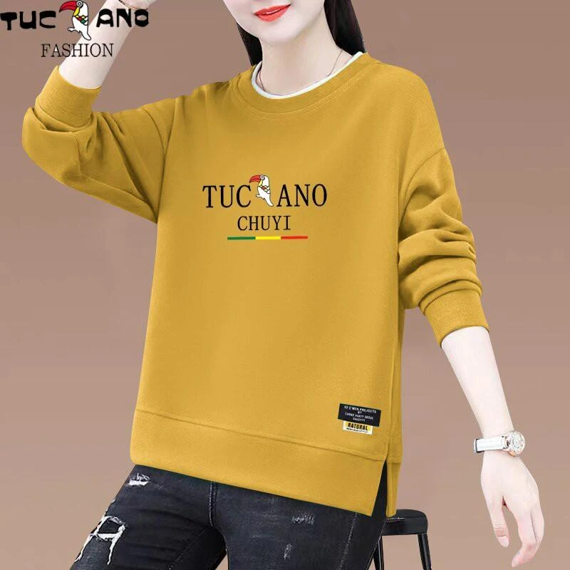 啄木鸟2025年春秋季新款圆领开叉秋冬印花卫衣女薄款宽松显瘦上衣