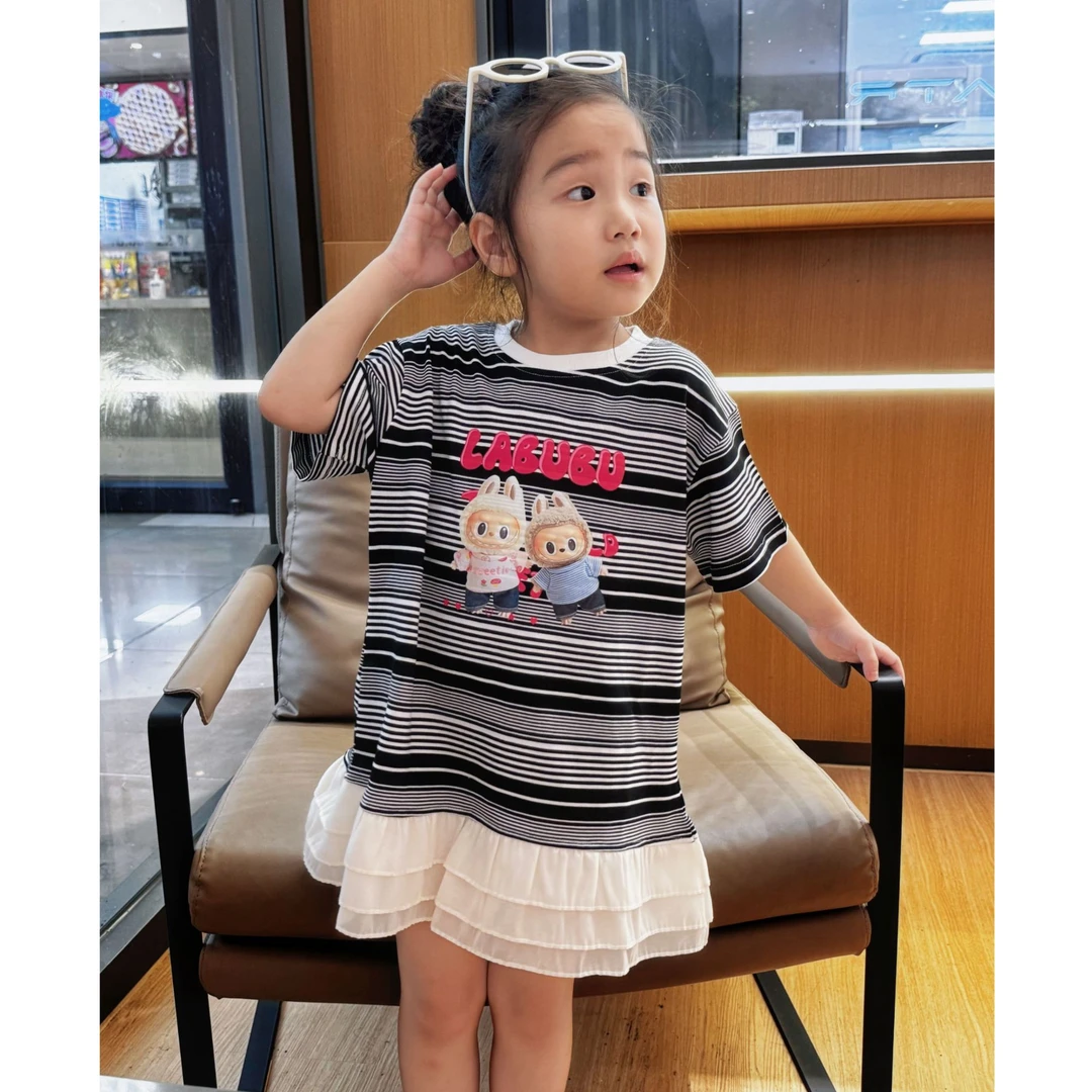 【现货】Labubu条纹T连衣裙2025夏女宝休闲洋气短袖小裙子宽松T恤裙