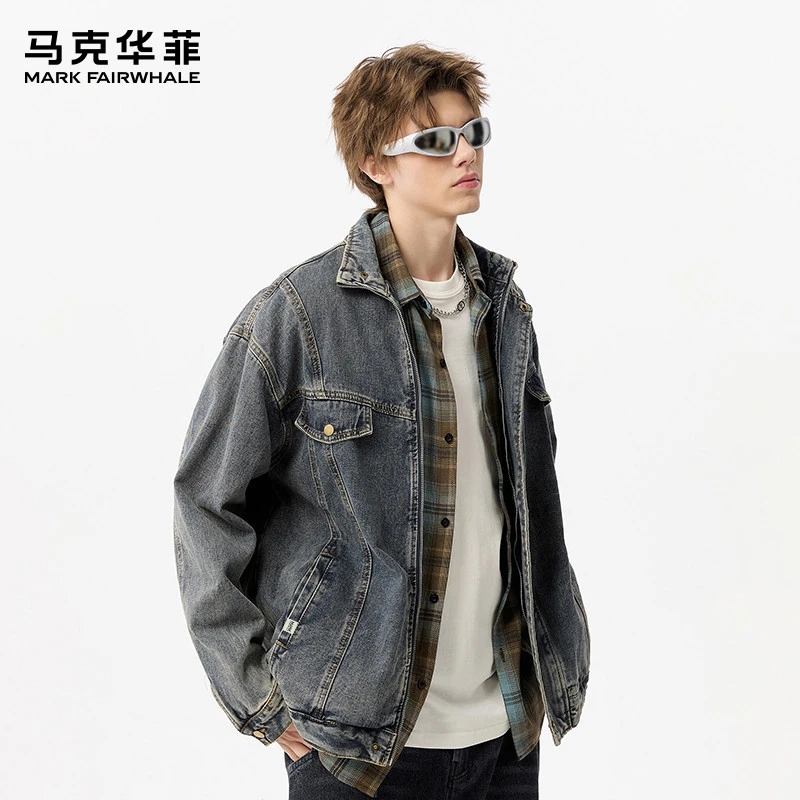 马克华菲男款水洗美式复古翻领牛仔外套时尚潮流休闲百搭夹克情侣
