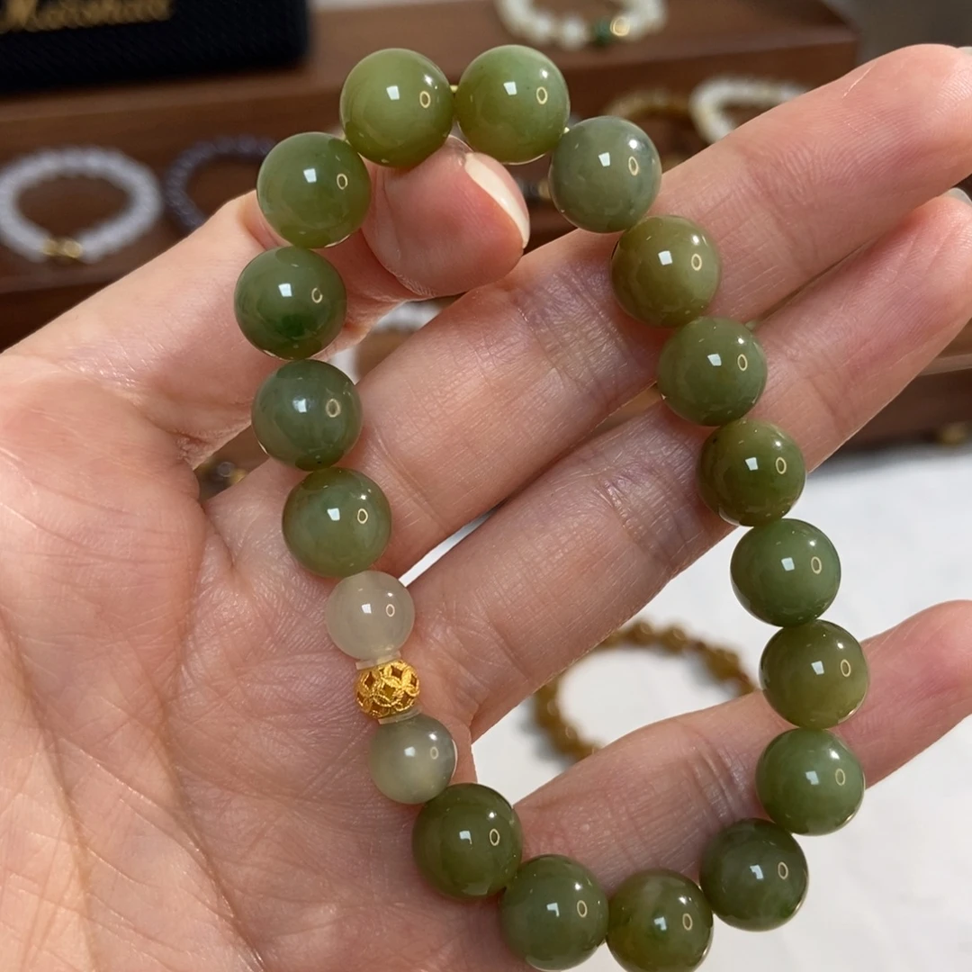 和田玉18K金镶嵌手链10mm黑阳洞碧玉微黑点