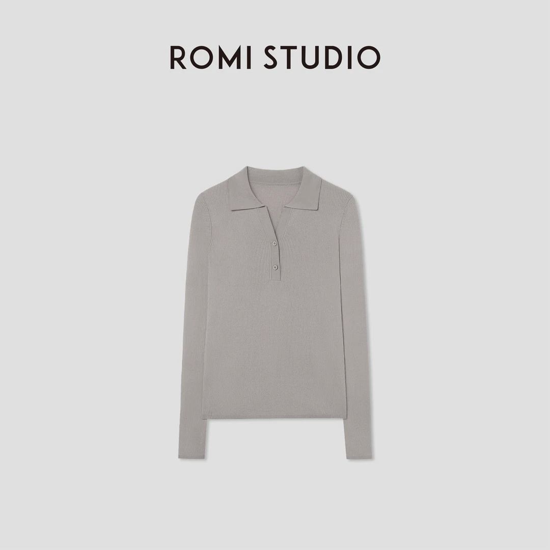 ROMI STUDIO“张弛有度”环保醋纤弹力罗纹翻领针织上衣 RWBSS01758