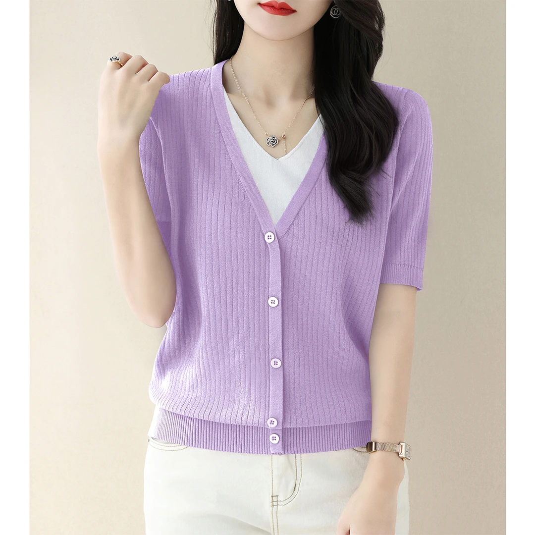 小众紫色温柔风V领针织衫女装宽松显瘦纽扣拼色假两件短袖T恤上衣