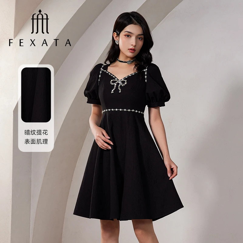 FEXATA斐格思连衣裙2025夏新品钻链复古浪漫泡泡袖千金优雅小黑裙
