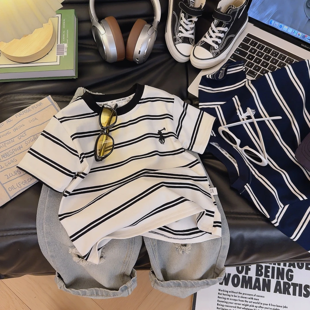 纯棉条纹刺绣卫衣T恤男童宽松圆领短袖宝宝半袖夏季吸汗百搭上衣