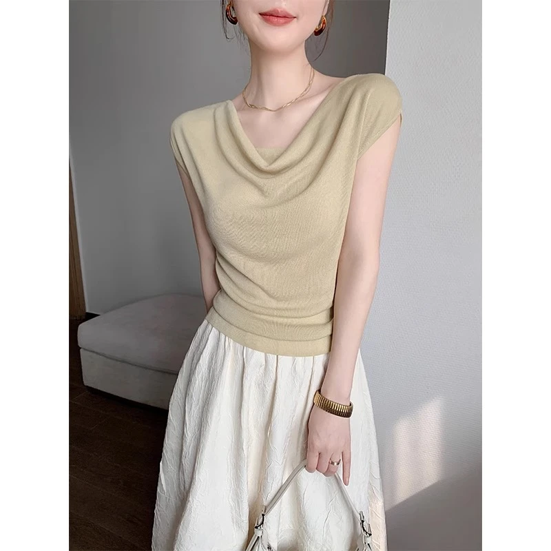 绿色一字肩荡领针织短袖女夏季2025新款轻薄修身显瘦气质叠穿上衣