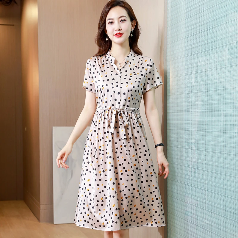 杭州丝绸夏季女装气质品牌短袖真丝连衣裙桑蚕丝碎花裙子夏天