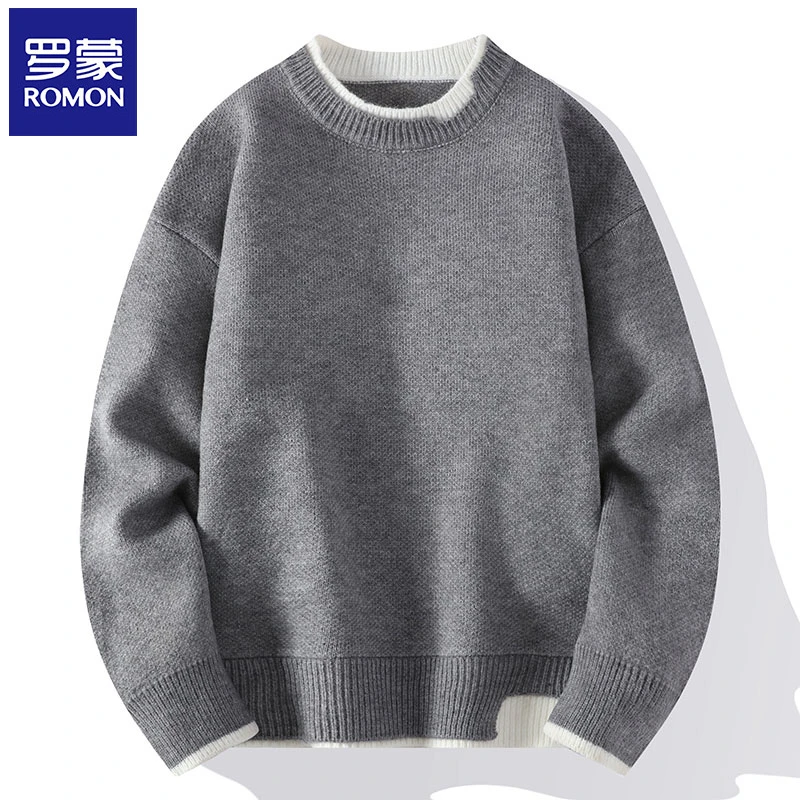 罗蒙男士毛衣秋冬季新款假两件低领内搭针织衫潮流宽松百搭毛线衣