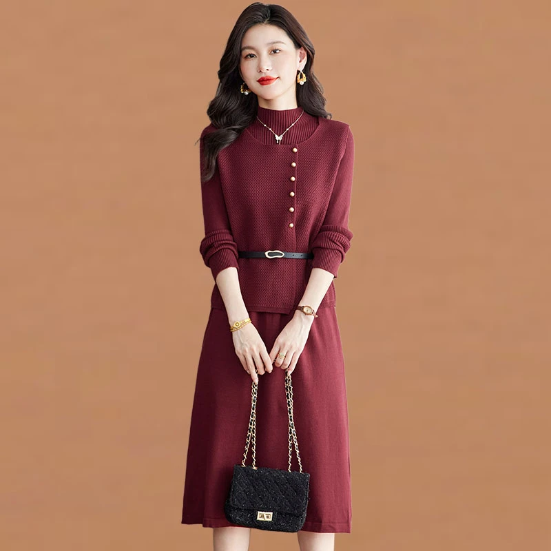 针织连衣裙女春秋2025新款修身气质马甲中长款毛衣裙减龄两件套装