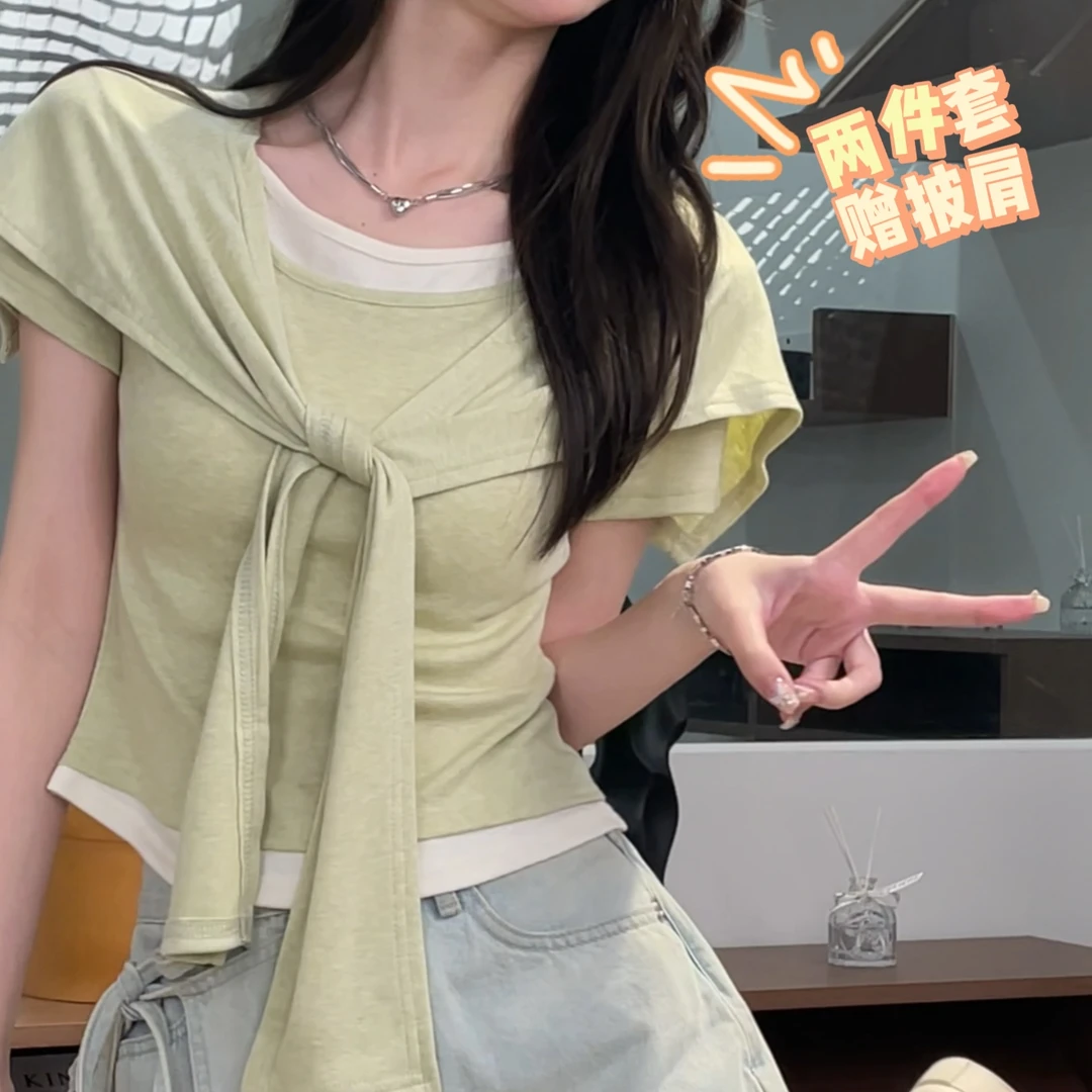 2025新款甜美风真两件披肩+纯色拼接设计感休闲短袖上衣DM6520