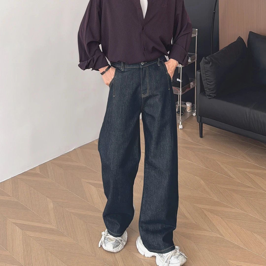 朱渣渣松紧腰赤耳丹宁深蓝色牛仔裤直筒男士春秋宽松休闲阔腿长裤