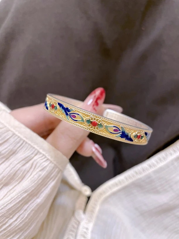足银银制品 足银999.9珐琅彩描金凤翎心经古法实心精美纯银手镯