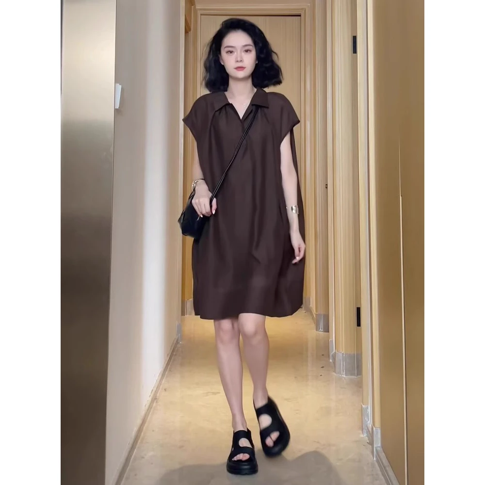 Polo领衬衫裙短袖连衣裙女夏季新款小个子复古咖色大版直筒裙子潮