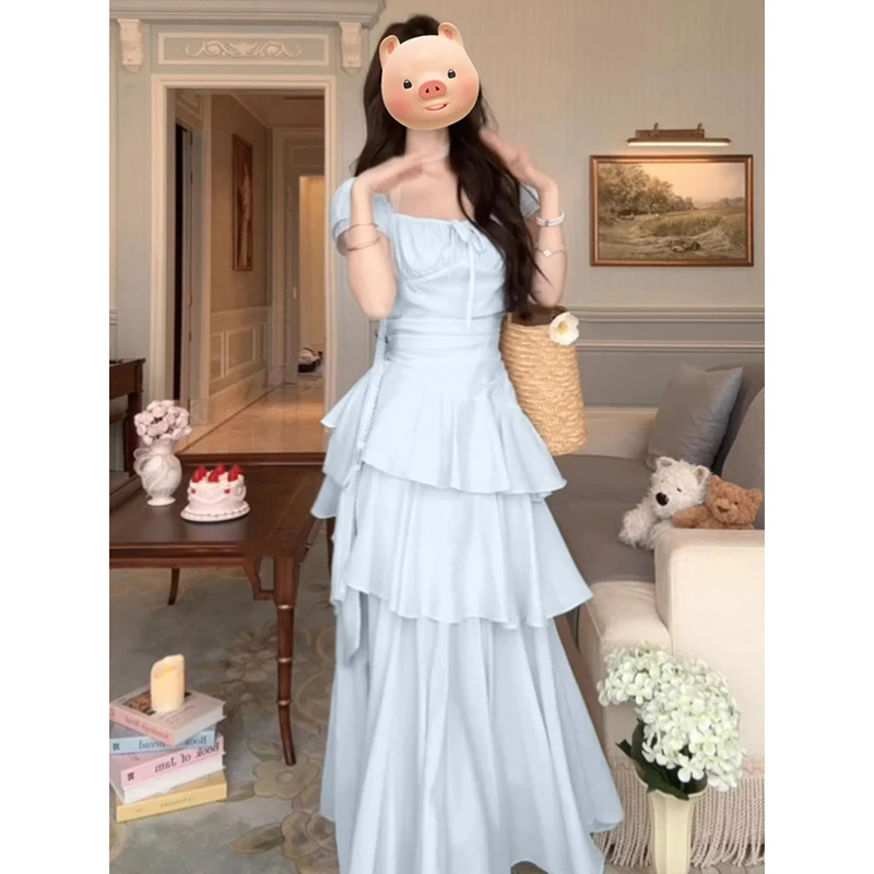 【有里布】茶歇法式气质清纯泡泡袖2025新款高级感蛋糕长裙D1531