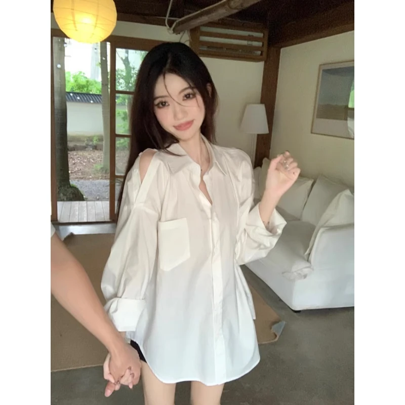 女装格子亚麻上衣爆款金靓官图法式白色露肩挖肩衬衫宽松衬衣开衫