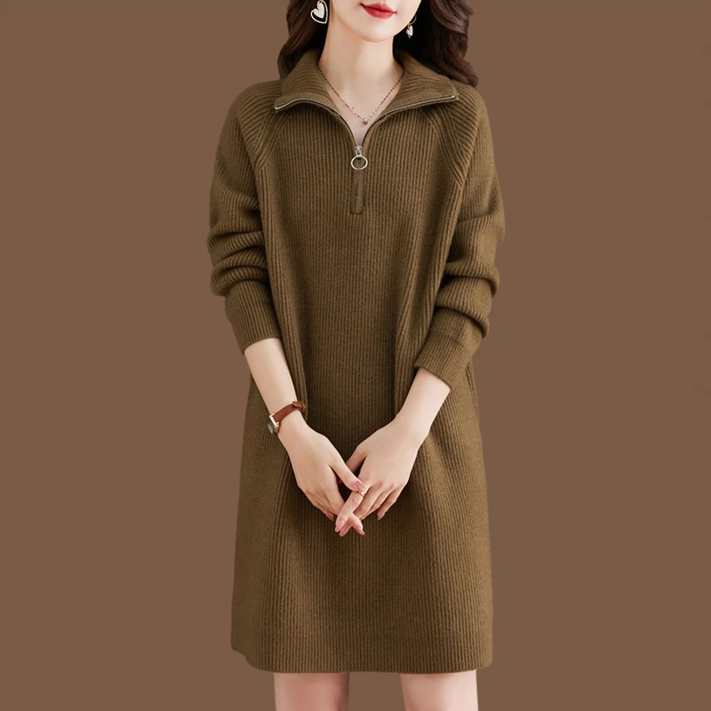 啄木鸟翻领毛衣裙秋冬2025新款大码打底衫女中长款内搭羊毛针织连