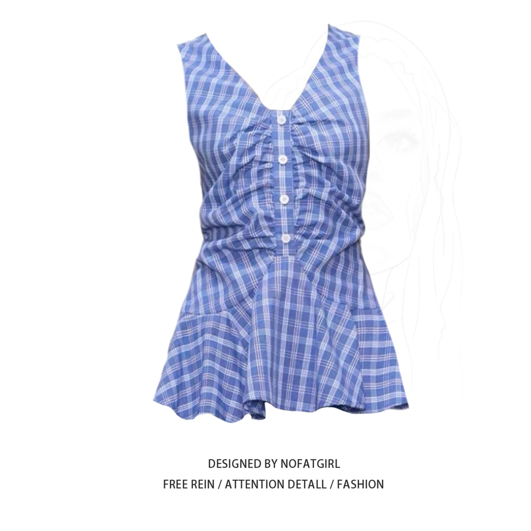 大码胖妹妹纯欲风蓝色格子V领吊带背心女夏季挂脖设计感别致上衣