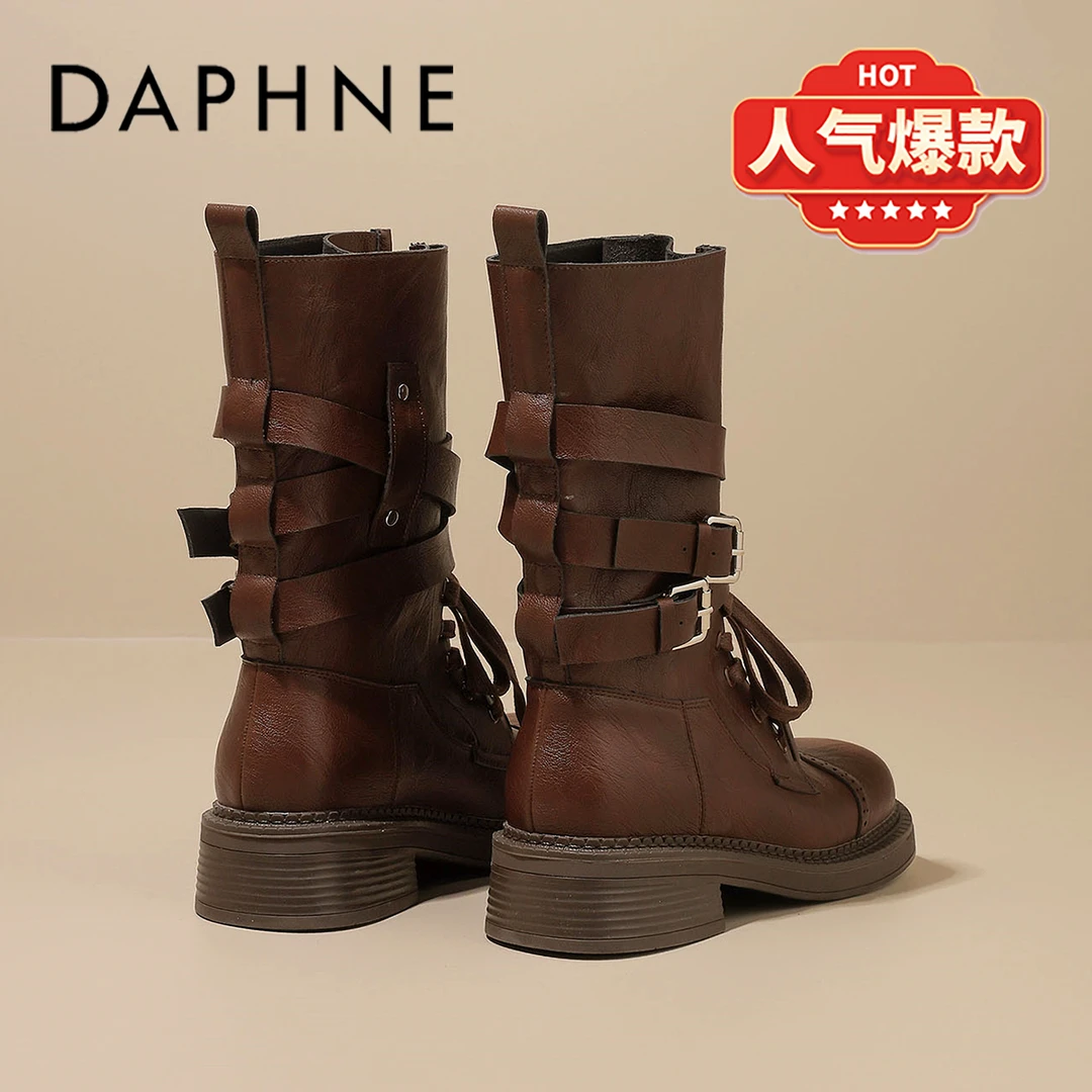 达芙妮复古厚底粗跟马丁靴女款爆款冬季皮带扣系带圆头百搭骑士靴