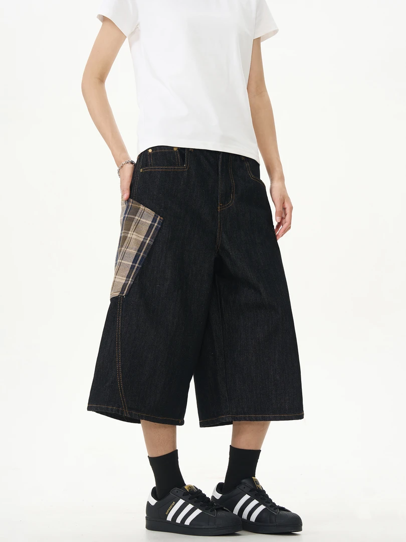 ISLAND美式设计格子拼接刺绣牛仔短裤男女宽松阔腿复古休闲七分裤