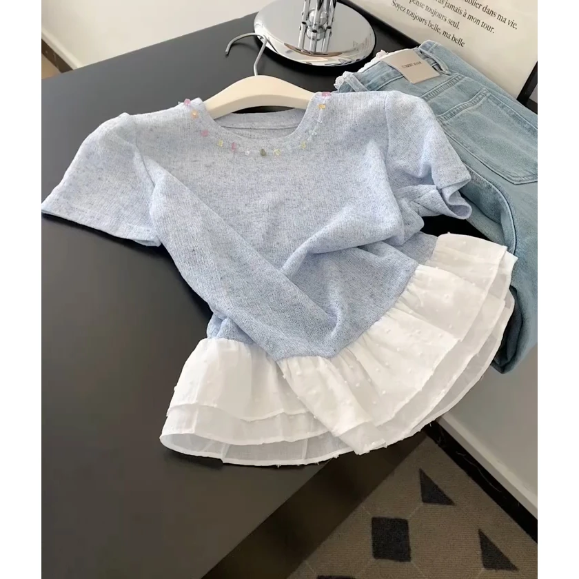 设计蕾丝拼接下摆针织圆领T恤女高级针织短袖女款爆款2025新款