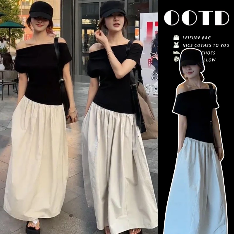 孕妇装孕妇装夏季2025新款法式复古撞色拼接一字肩爆款连衣裙