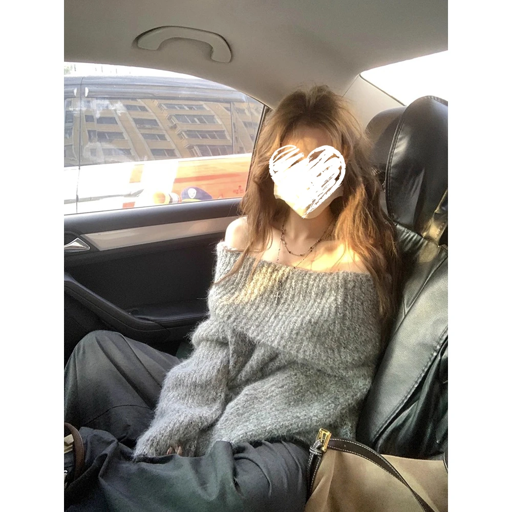 一字肩毛衣针织衫上衣纯色长袖打底外穿毛衣清冷系禅意衣服女