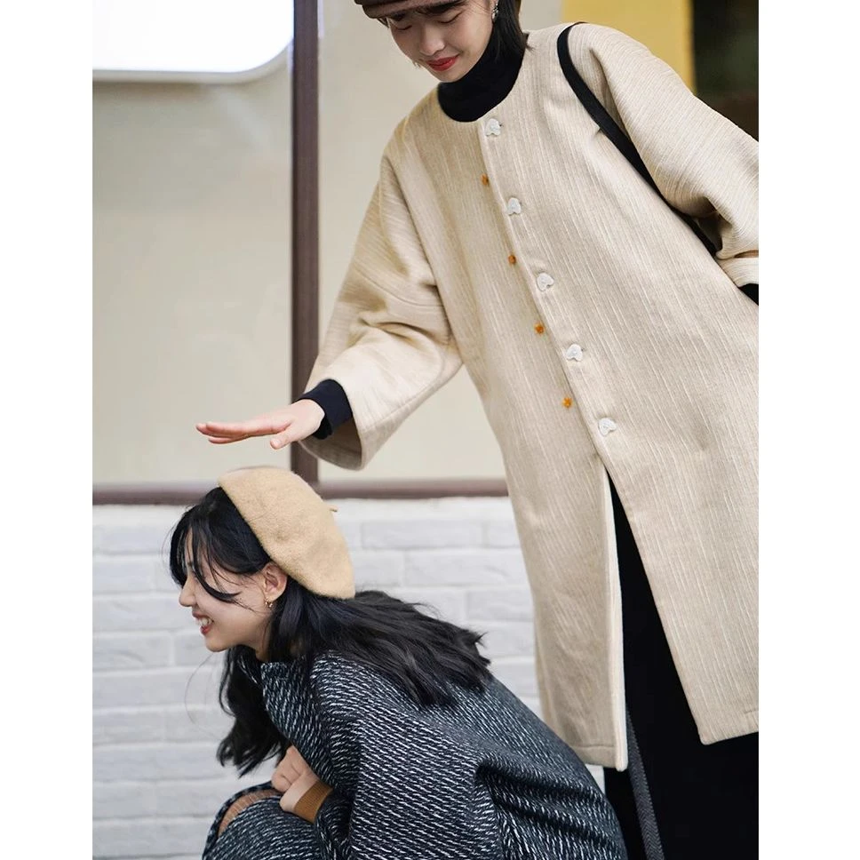 【鹭洲集】芝麻现货羊毛明圆领对襟半袖衫袄宋两片裙秋冬汉服针织