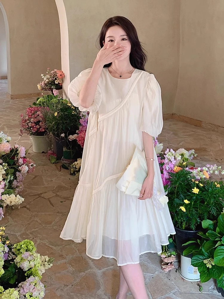 法式白色连衣裙女夏季小个子2025新款仙女裙韩版宽松显瘦休闲裙子