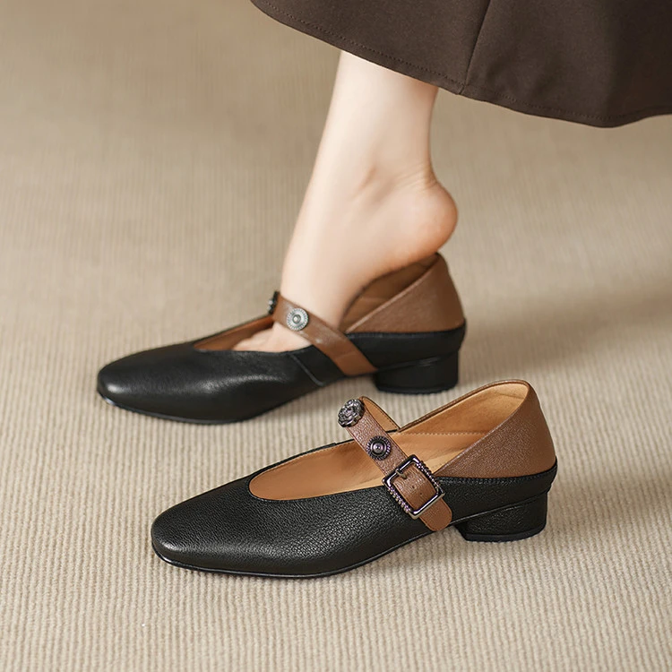 【跟高3CM】羊猪牛/拼色方头一字带粗跟玛丽珍女鞋平底女单鞋