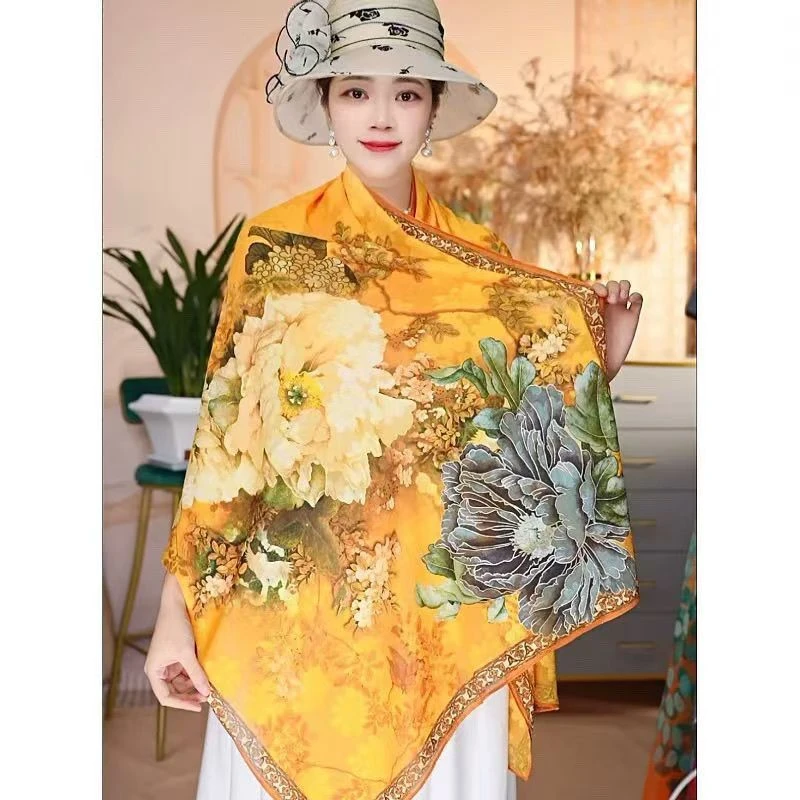 J005【国色天香】70*180牡丹剪花围巾国风长巾提花披肩百搭丝巾