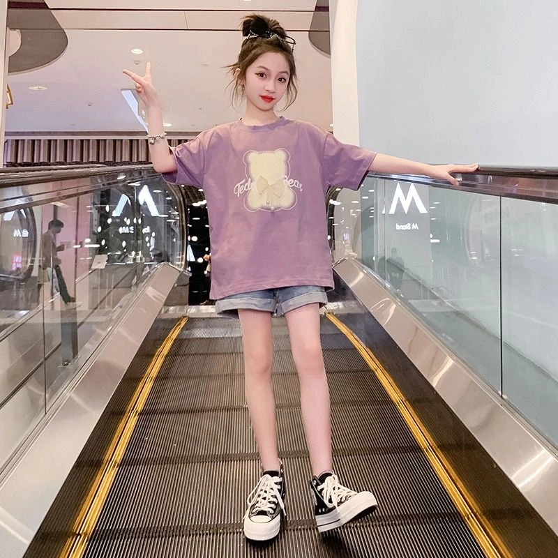 女童短袖T恤夏装2025新款洋气中大儿童韩版网红时髦夏季体恤上衣