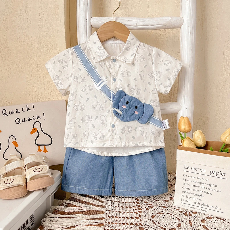 婴幼儿夏季套装新生儿男女宝可爱小象两件套休闲短袖外出服套装