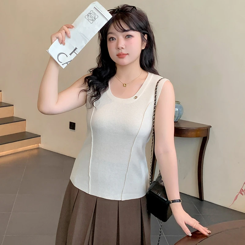 大码女装u领百搭无袖上衣女针织衫2024早秋胖mm打底外穿背心22508